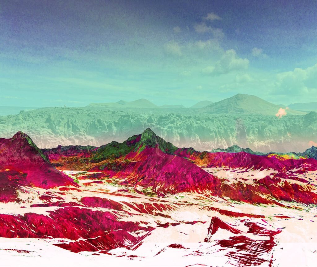 Photographie artistique de montagne colorées rouges et bleues.