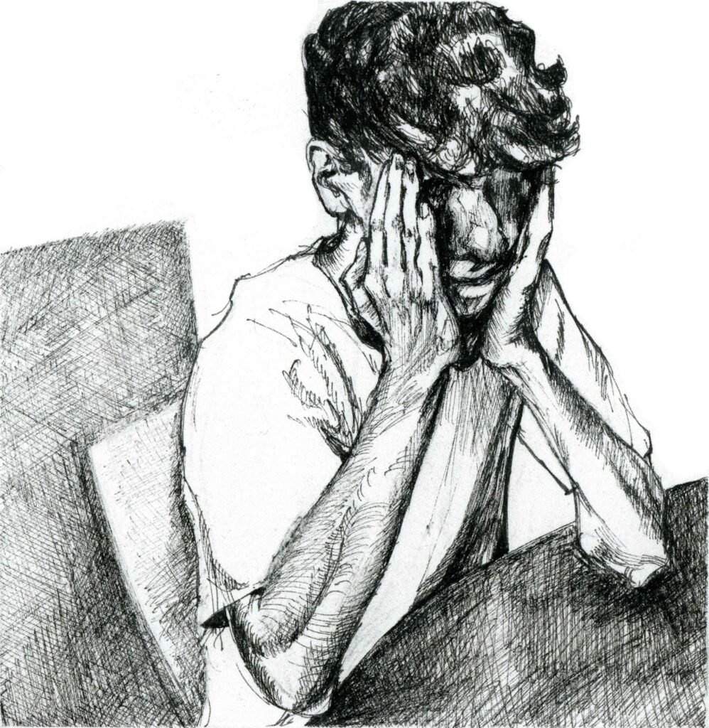 Dessin figuratif en noir et blanc d'un homme qui se prend la tête entre ses deux mains. Il a les coudes sur la table.