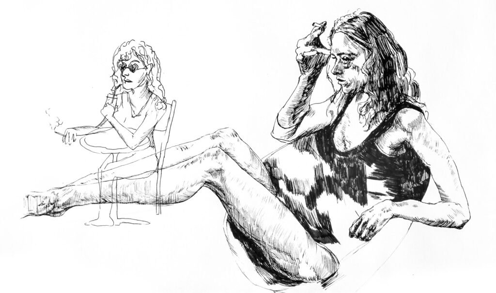 Dessin figuratif noir et blanc d'une personne pensive assise dans un fauteuil.