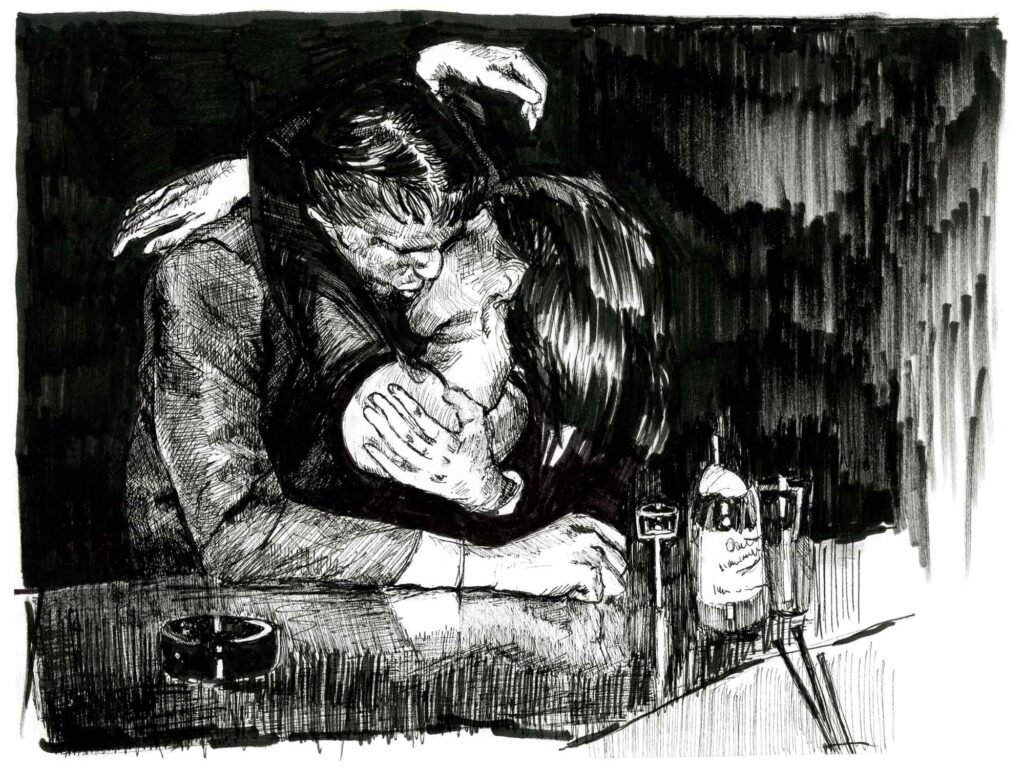 Dessin figuratif en noir et blanc de deux amoureux en train de s'embrasser passionnément. Feutre et coup de crayon.