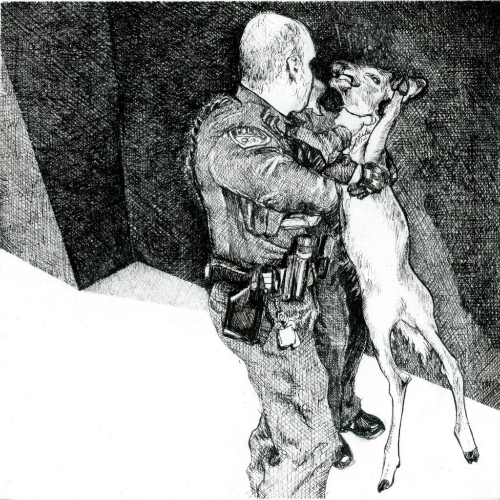 Dessin figuratif en noir et blanc d'un policier en train d'étrangler une biche.