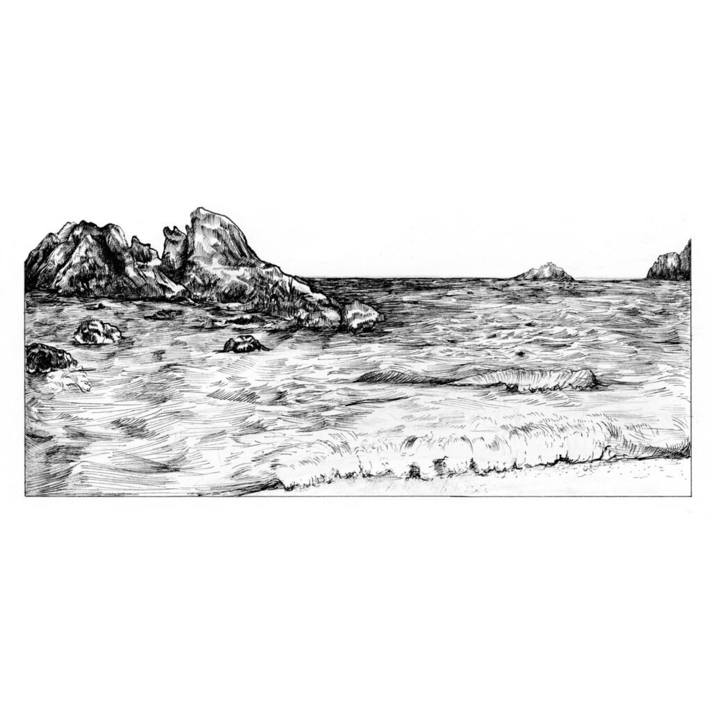 Dessin figuratif en noir et blanc de la mer agitée et de quelques rochers.