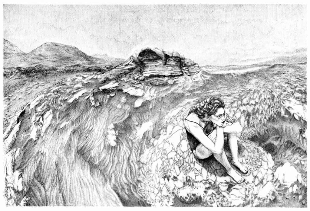 Dessin figuratif en noir et blanc d'un paysage désertique martien ou se trouve seulement une femme à l'air boudeur assise en culotte et en t-shirt. Elle est seule.