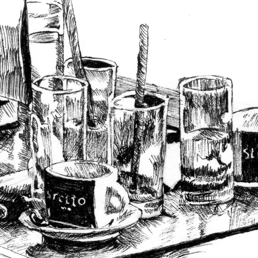 Détail d'un dessin figuratif en noir et blanc d'une table de café avec plein de verres et de tasses posés dessus.